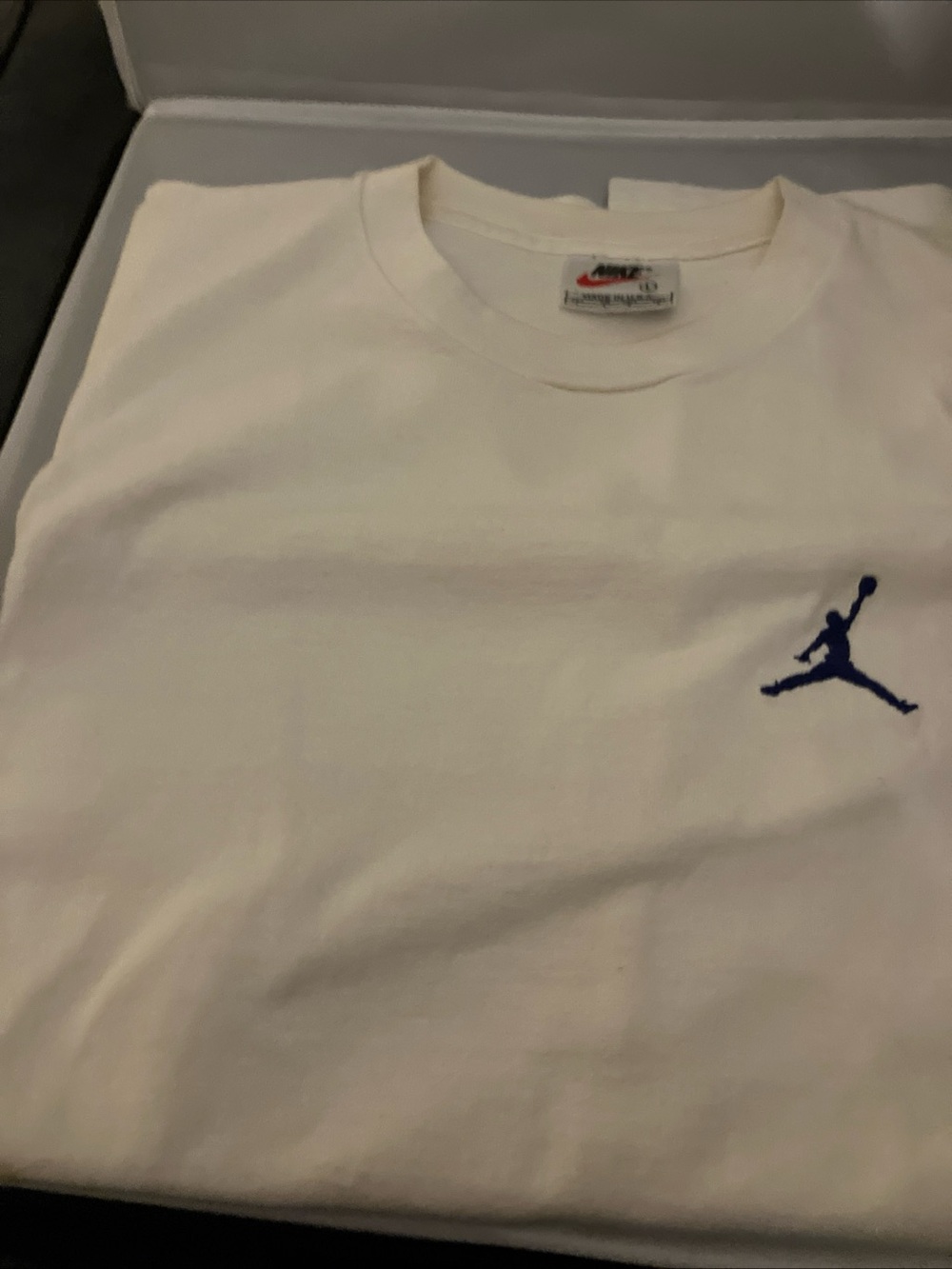 Nike White Short-Sleeve Tee with Blue Jumpman Logo